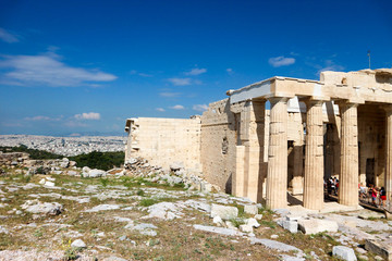 View to Propylaea beautiful monumental gateway to the ancient Acropolis of Athens Greece under bright blue summer sky