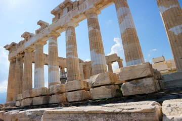 Scenic view of the ancient greek temple Parthenon in the acropolis of athens greece against bright...