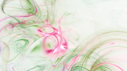 Abstract transparent green and rose crystal shapes. Fantasy light background. Digital fractal art. 3d rendering.