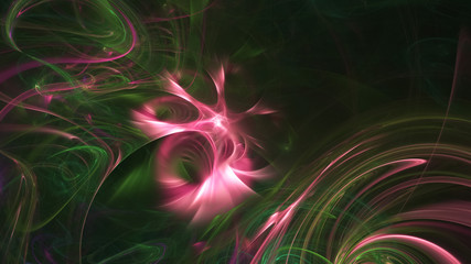 Abstract transparent green and rose crystal shapes. Fantasy light background. Digital fractal art. 3d rendering.