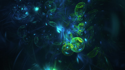 Abstract transparent blue and green crystal shapes. Fantasy light background. Digital fractal art. 3d rendering.