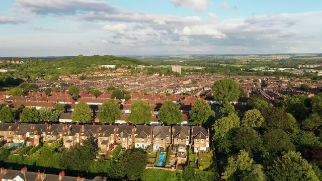 Ariel Drone Footage Of British Council Estate. Nottingham Built Up Area.  People's Houses , UK British Community. Small British Community. Summer Day.