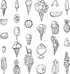 Collection of summer cold dessert ink doodles. Ice cream and fruits. Vector stock set. Cute icons. Can be used for printed materials. Food holiday background. Hand drawn design elements. 