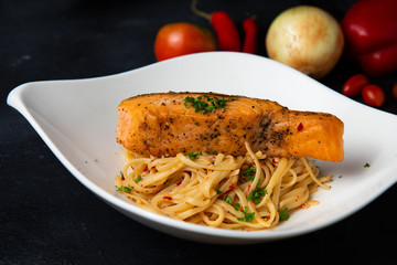 pasta spaghetti and grilled salmon