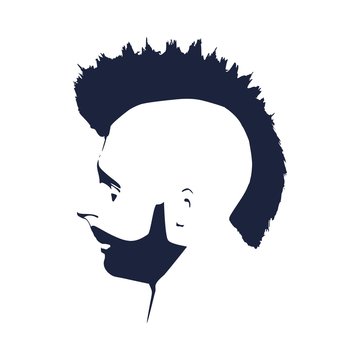 Profile view of bearded man. Male face silhouette or icon. Mohawk hair style.