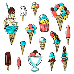 Collection of summer cold dessert ink doodles. Ice cream and fruits. Vector stock set. Cute icons. Can be used for printed materials. Food holiday background. Hand drawn design elements. 