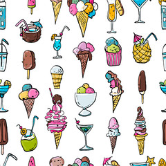 Seamless pattern of summer cold dessert ink doodles. Cool ice cream and cocktails. Vector stock set. Cute icons. Can be used for printed materials. Food holiday background. Hand drawn design elements.