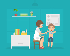 Female Doctor Listening to Chest of Boy with Stethoscope, Pediatrician Consulting Patient in Medical Office Vector Illustration