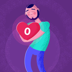 Sad man holding heart with no message sign. Loneliness concept. Vector illustration