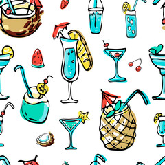 Seamless pattern of summer cold dessert ink doodles. Fresh cocktails and fruits. Vector stock set. Cute icons. Can be used for printed materials. Food holiday background. Hand drawn design elements.