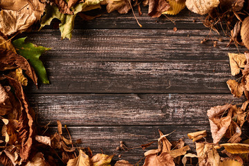 Frame border with autumn fall leaves on a dark wooden table