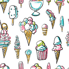 Seamless pattern of summer cold dessert ink doodles. Cool ice creams and fruits. Vector stock set. Cute icons. Can be used for printed materials. Food holiday background. Hand drawn design elements.