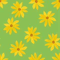 Yellow flowers on green background in  cartoon flat style. Blooming Jerusalem artichoke seamless pattern. Vector floral illustration.