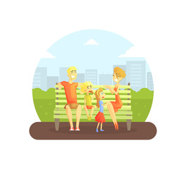 Obraz na płótnie Canvas Happy Family Sitting on Bench in Urban Park, Cheerful Mother, Father, Daughter And Son Having Fun on Nature Vector Illustration