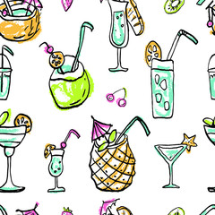 Seamless pattern of summer cold dessert ink doodles. Fresh cocktails and fruits. Vector stock set. Cute icons. Can be used for printed materials. Food holiday background. Hand drawn design elements.