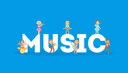 Music Word and Children Singing and Playing Music Instruments Vector Illustration