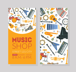 Music Shop Business Card Template with Musical Instruments and Space For Text Vector Illustration