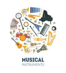 Musical Instruments Banner Template with Seamless Pattern of Round Shape Vector Illustration