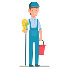 Illustration of a cleaning staff after mop a floor in white background
