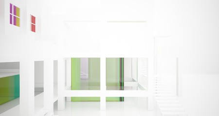 Abstract architectural white and glass gradient color interior of a minimalist house with large windows.. 3D illustration and rendering.
