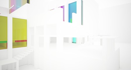 Abstract architectural white and glass gradient color interior of a minimalist house with large windows.. 3D illustration and rendering.