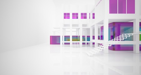 Abstract architectural white and glass gradient color interior of a minimalist house with large windows.. 3D illustration and rendering.