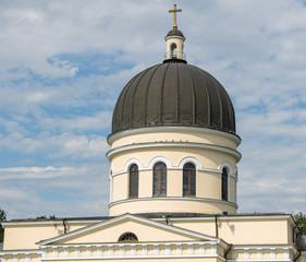 Fototapeta na wymiar Cathedral Orthodox church close up cloudy background