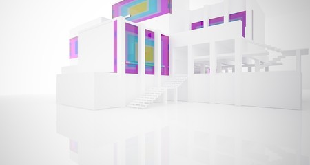 Abstract architectural white and glass gradient color interior of a minimalist house with large windows.. 3D illustration and rendering.