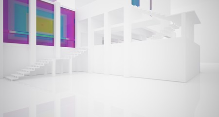 Abstract architectural white and glass gradient color interior of a minimalist house with large windows.. 3D illustration and rendering.