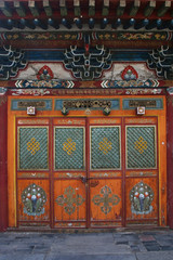 Entrance doors of Zuun Zuu temple in Erdene Zuu Khiid Monastery, part of the Orkhon Valley Cultural Landscape World Heritage Site, in Kharkhorin (Karakorum), Mongolia.