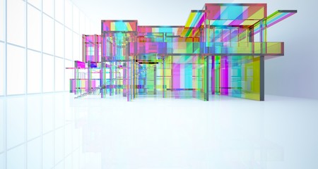 Abstract architectural glass gradient color interior of a minimalist house with large windows.. 3D illustration and rendering.