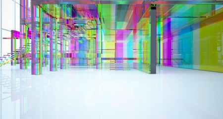 Abstract architectural glass gradient color interior of a minimalist house with large windows.. 3D illustration and rendering.