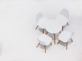 Round Table and chairs white colour minimal Interior decoration Top view