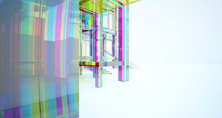 Abstract architectural glass gradient color interior of a minimalist house with large windows.. 3D illustration and rendering.