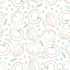 Seamless pattern of dumplings with spice. Ravioli. Vareniki. Pelmeni. Food. Cooking. National dishes. Products from the dough and meat. Sketch hand drawn background. For restaurant menu