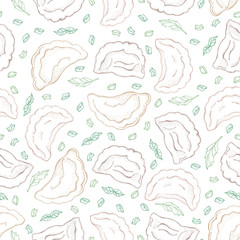 Seamless pattern of dumplings with spice. Ravioli. Vareniki. Pelmeni. Food. Cooking. National dishes. Products from the dough and meat. Sketch hand drawn background. For restaurant menu