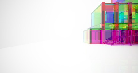 Abstract architectural glass gradient color interior of a minimalist house with large windows.. 3D illustration and rendering.