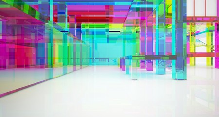 Abstract architectural glass gradient color interior of a minimalist house with large windows.. 3D illustration and rendering.