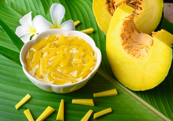 Pumpkin custard on wooden background