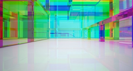 Abstract architectural glass gradient color interior of a minimalist house with large windows.. 3D illustration and rendering.