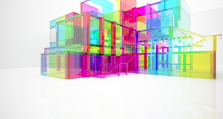 Abstract architectural glass gradient color interior of a minimalist house with large windows.. 3D illustration and rendering.