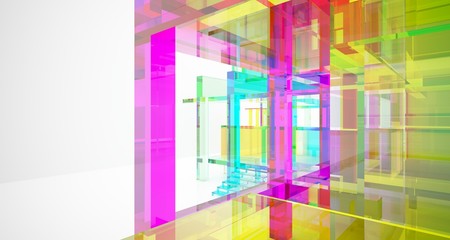 Fototapeta premium Abstract architectural glass gradient color interior of a minimalist house with large windows.. 3D illustration and rendering.