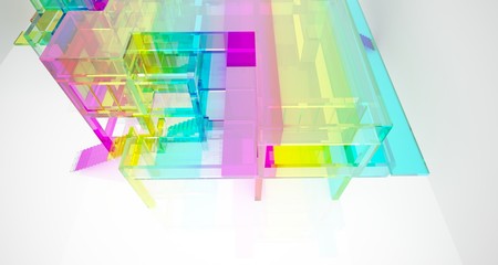 Abstract architectural glass gradient color interior of a minimalist house with large windows.. 3D illustration and rendering.