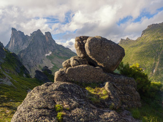 View of the ancient stones in the Ergaki Nature Park. Siberian wildlife