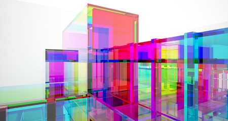 Abstract architectural glass gradient color interior of a minimalist house with large windows.. 3D illustration and rendering.