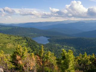View of the valley and the Svetloye Lake in the Ergaki nature park. Siberian Mountains Western Sayan