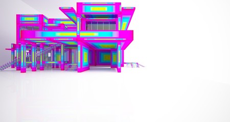 Abstract architectural white interior and color gradient of a minimalist house with large windows.. 3D illustration and rendering.