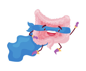 Cartoon intestine jumps up. Vector illustration on white background.