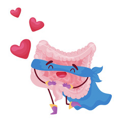 Cartoon intestine in love. Vector illustration on white background.
