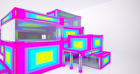 Abstract architectural white interior and color gradient of a minimalist house with large windows.. 3D illustration and rendering.